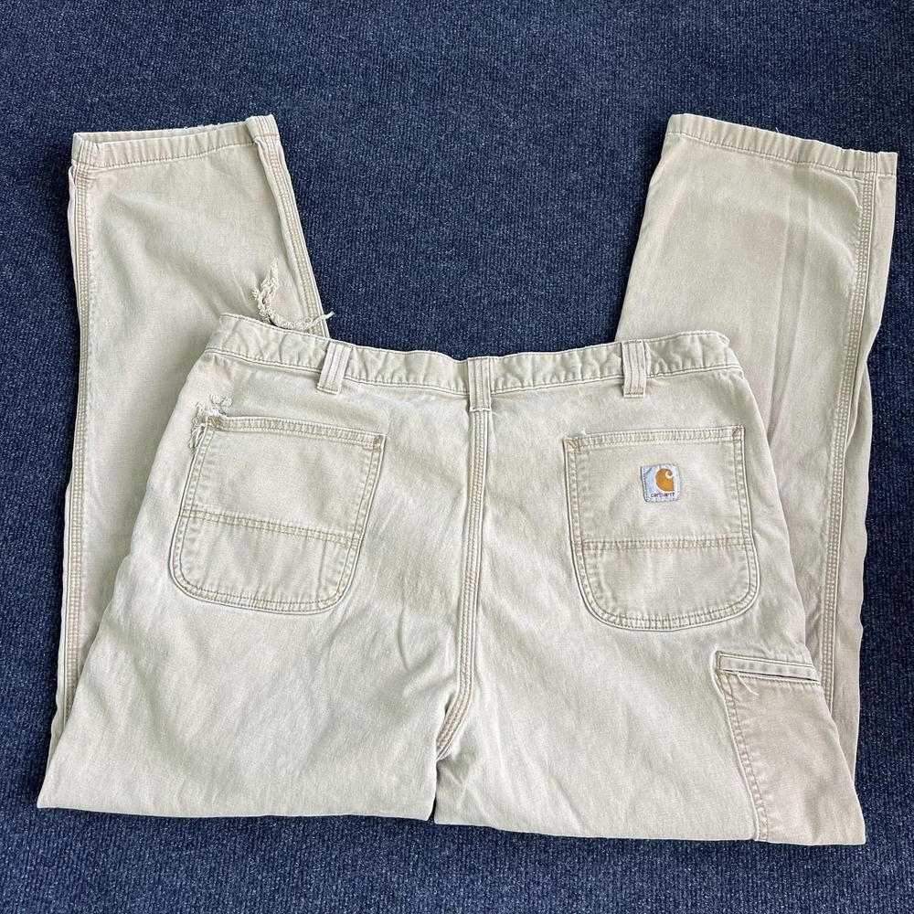 Carhartt Pants Mens 37x30 Beige Canvas Carpenter Relaxed Fit Distressed Workwear
